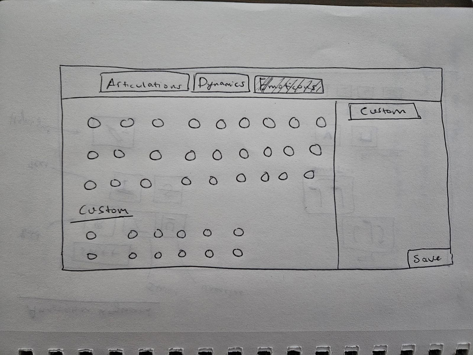 Hand-sketched annotation keyboard with Articulations, Dynamics, and Emoticons tabs, rows of placeholder keys, a Custom key section, and a Custom side panel with a Save button.