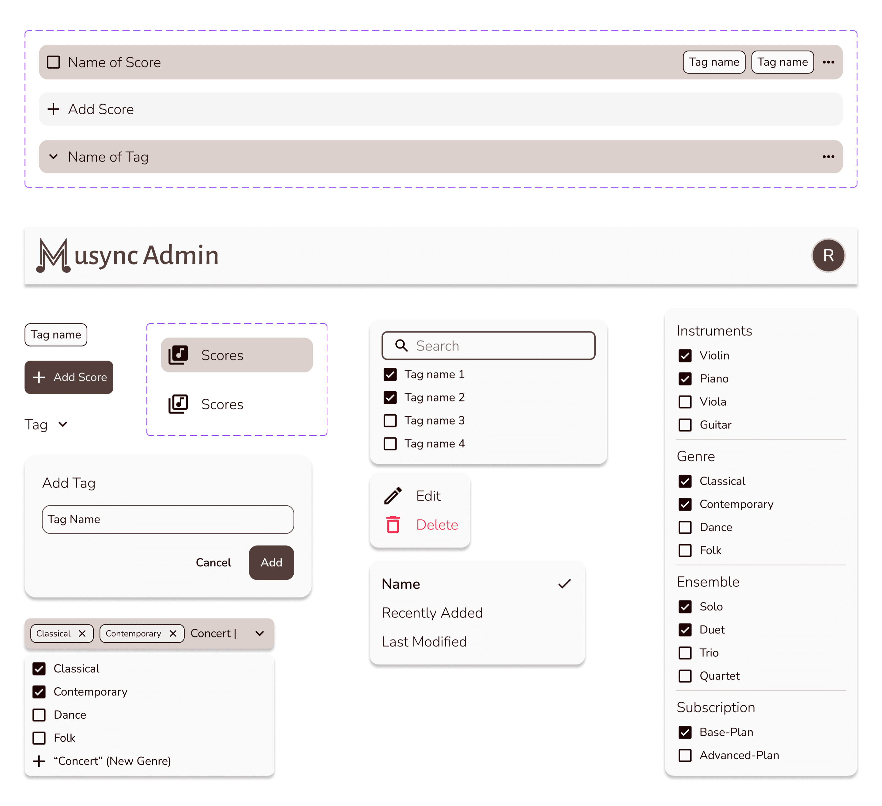 Musync Admin UI components: score, add score, and tag list rows; the Musync Admin header with profile avatar; a tag chip, Add Score button, and Tag dropdown; selected and unselected sidebar items; an Add Tag dialog; a multi-select genre input that can create a new genre; a searchable tag checklist; an Edit/Delete menu; a sort menu with Name, Recently Added, and Last Modified; and a filter panel with instrument, genre, ensemble, and subscription checkboxes.