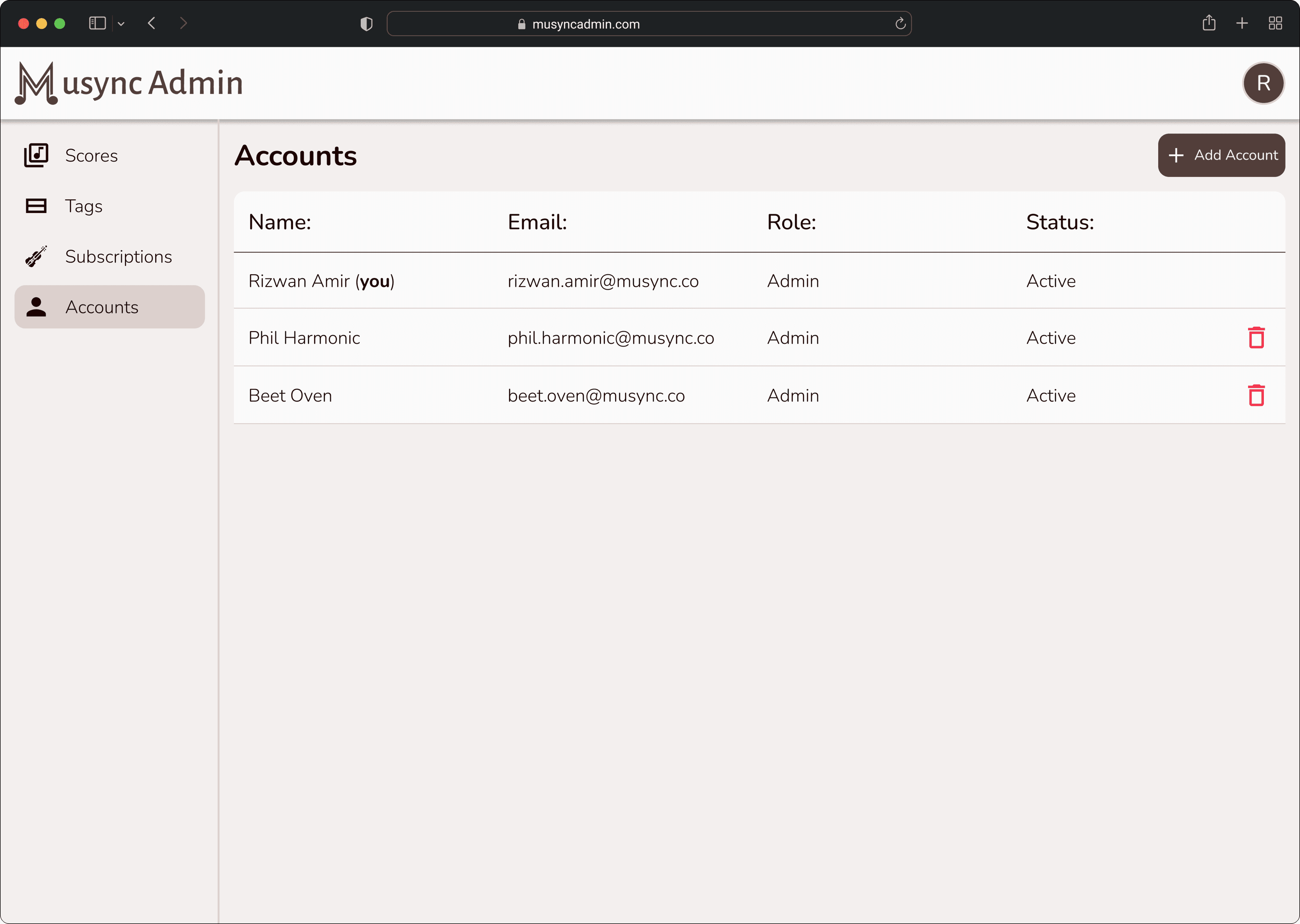 Accounts page with an Add Account button and a table of three admin accounts showing name, email, role, and active status, with delete buttons on every account except your own.