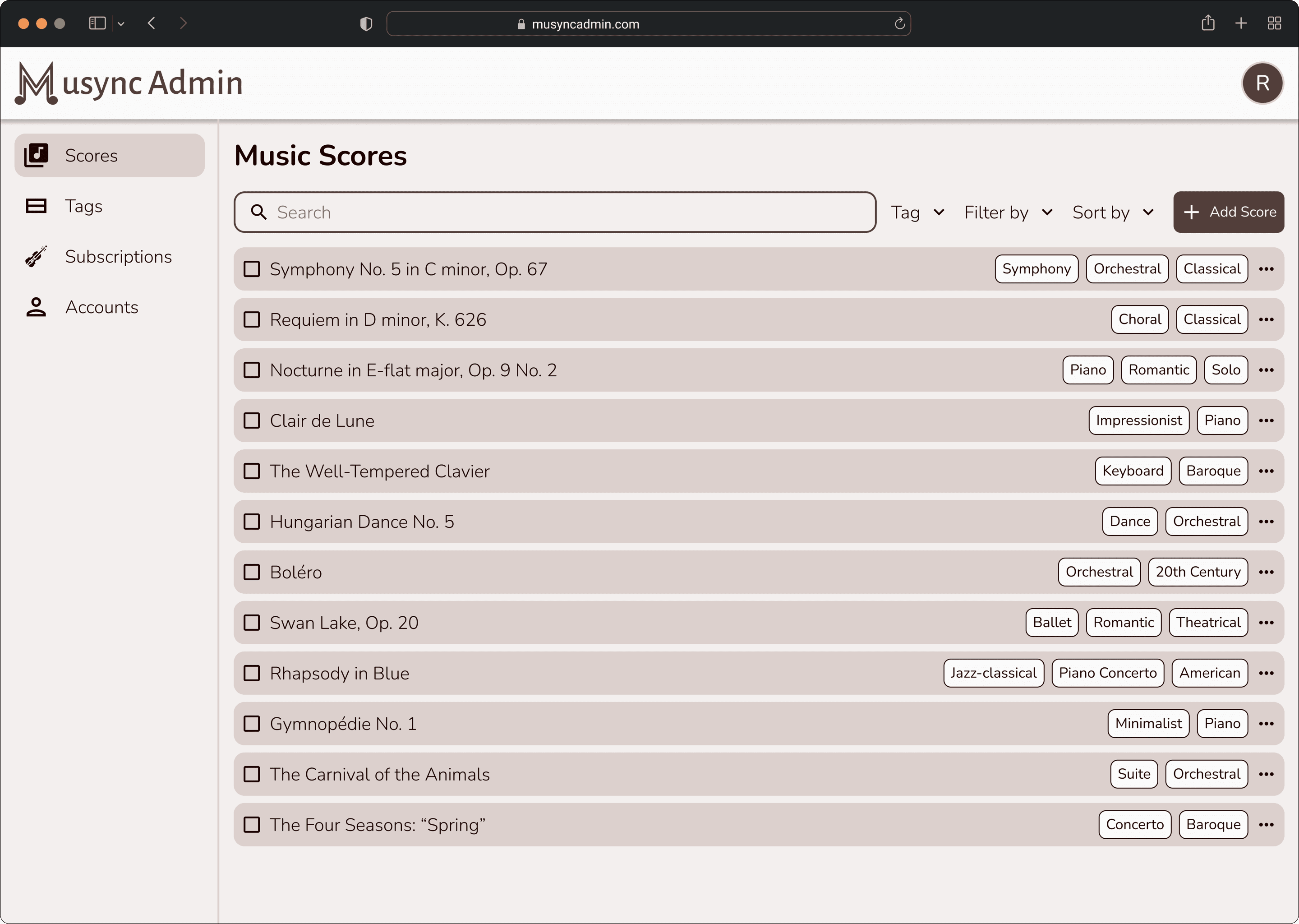 Music Scores page: a sidebar with Scores, Tags, Subscriptions, and Accounts, and a searchable list of scores such as Symphony No. 5 and Clair de Lune, each with genre and style tags, plus Tag, Filter by, and Sort by menus and an Add Score button.