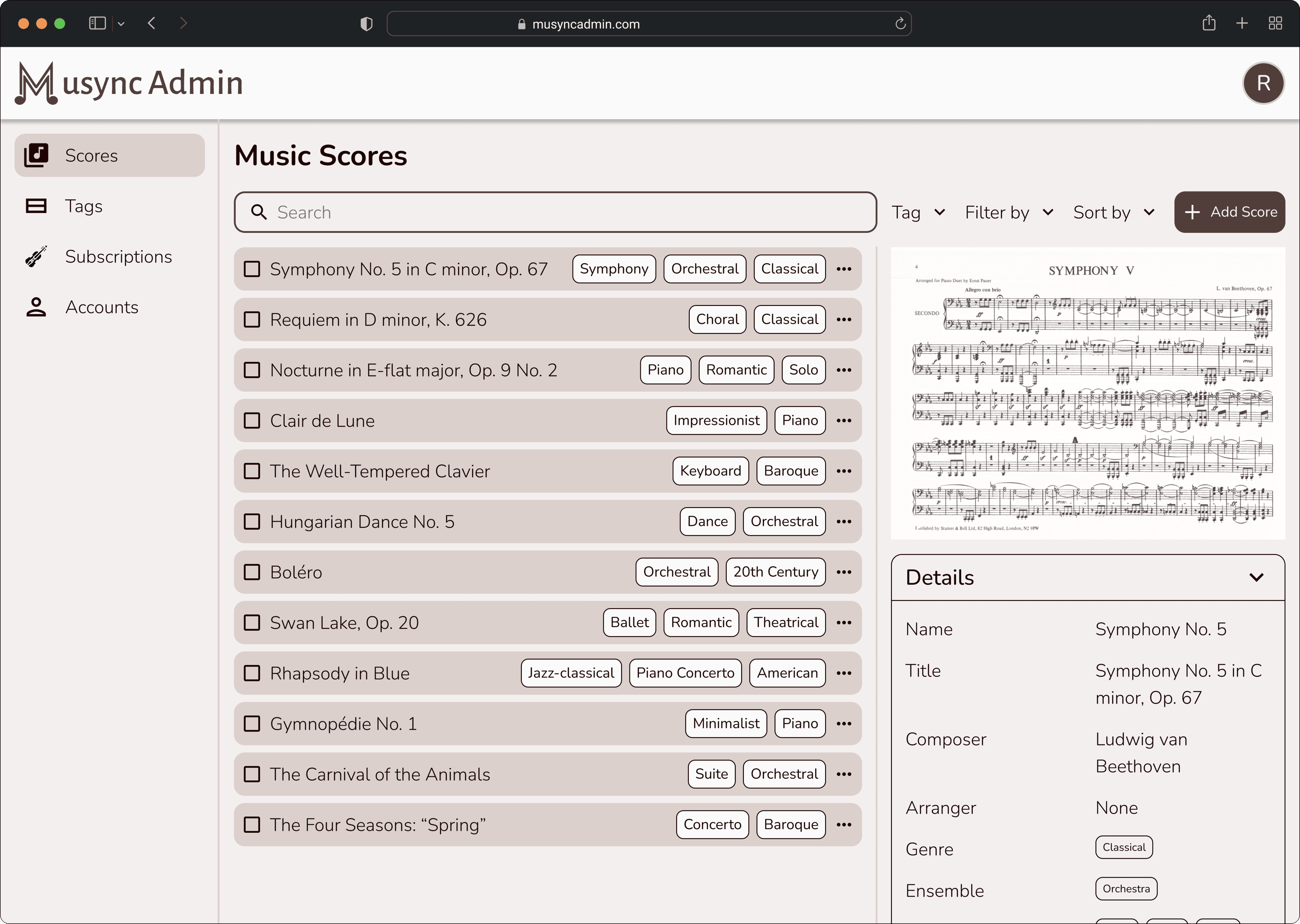 Music Scores page with Symphony No. 5 selected, opening a side panel with a preview of the sheet music and a Details section listing name, title, composer, arranger, genre, and ensemble.