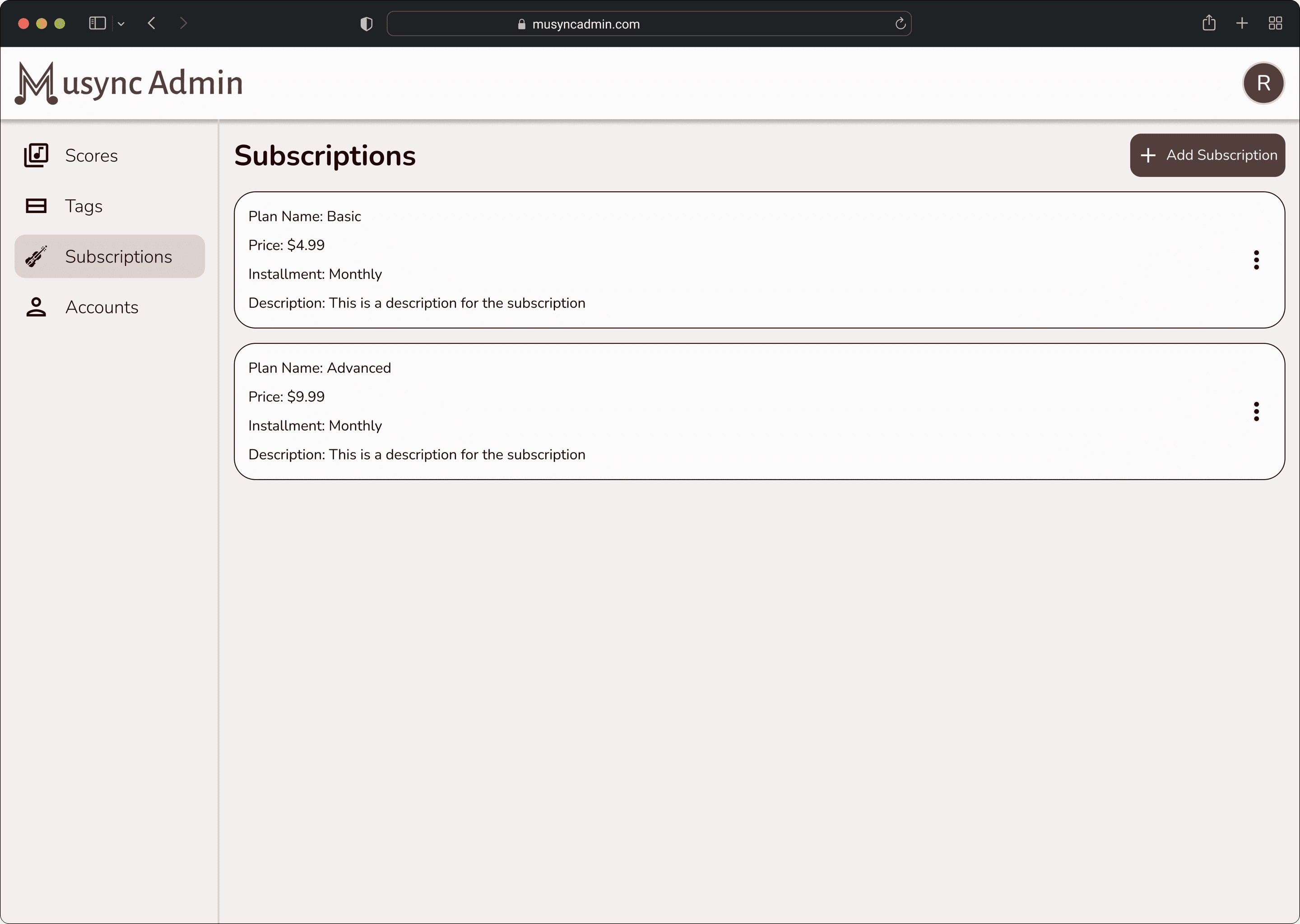 Subscriptions page with an Add Subscription button and two plan cards: Basic at $4.99 monthly and Advanced at $9.99 monthly, each with a description and a menu button.