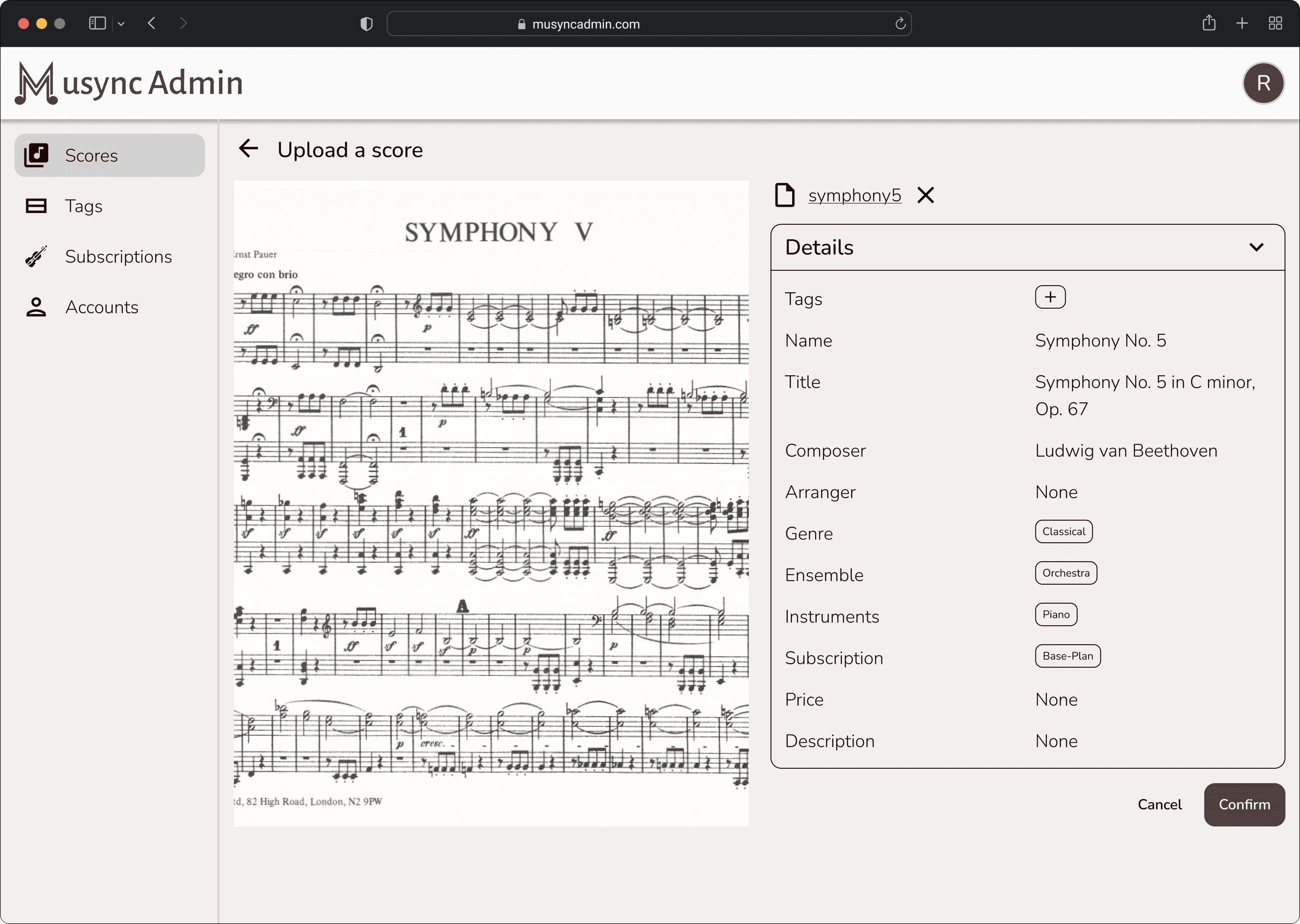 Upload a score page showing a large preview of the uploaded Symphony No. 5 sheet music beside a Details form with tags, name, title, composer, arranger, genre, ensemble, instruments, subscription, price, and description, with Cancel and Confirm buttons.