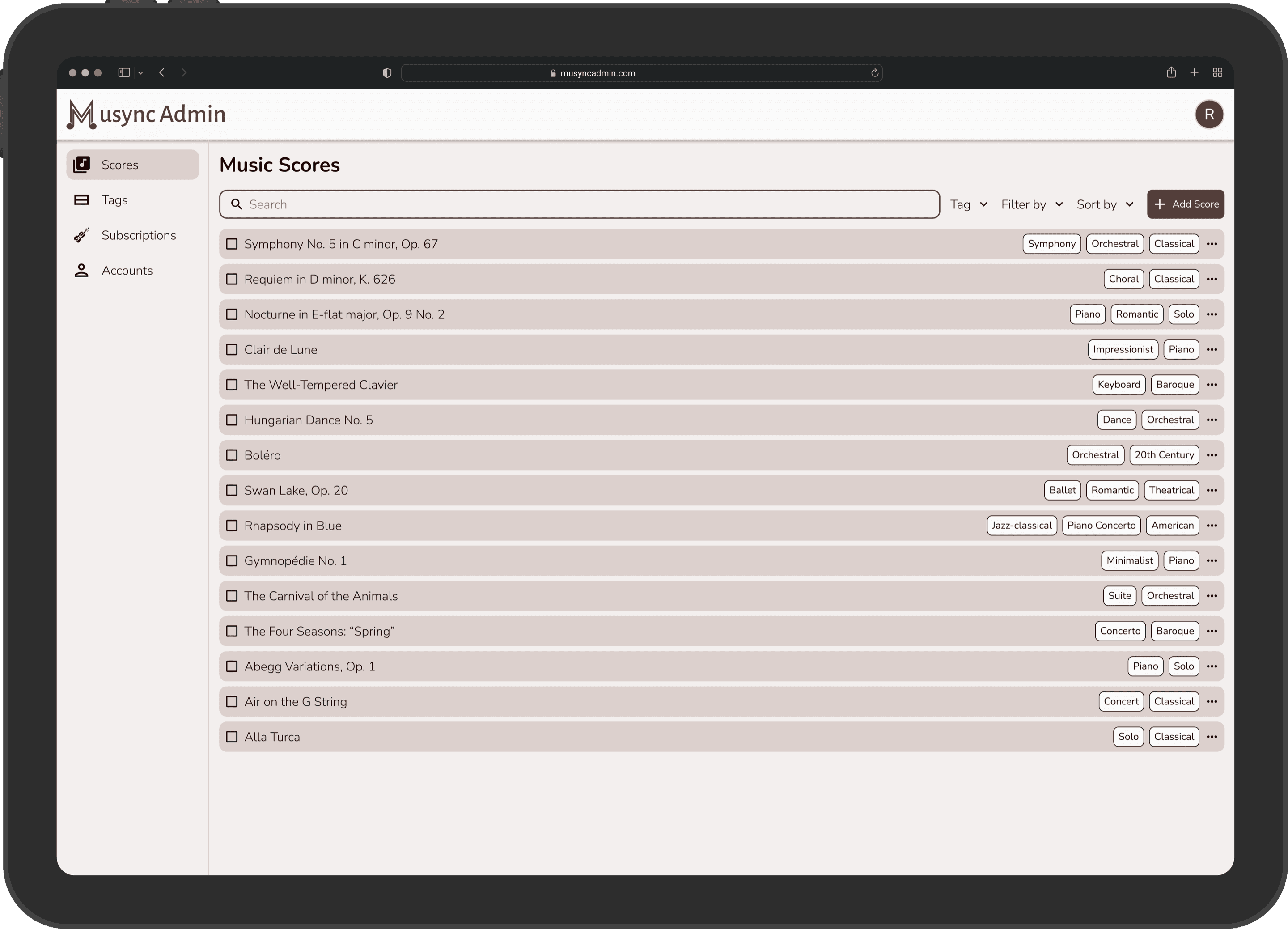Musync Admin on a tablet, scrolling through the Music Scores, score details, upload a score, tags, subscriptions, and accounts screens.