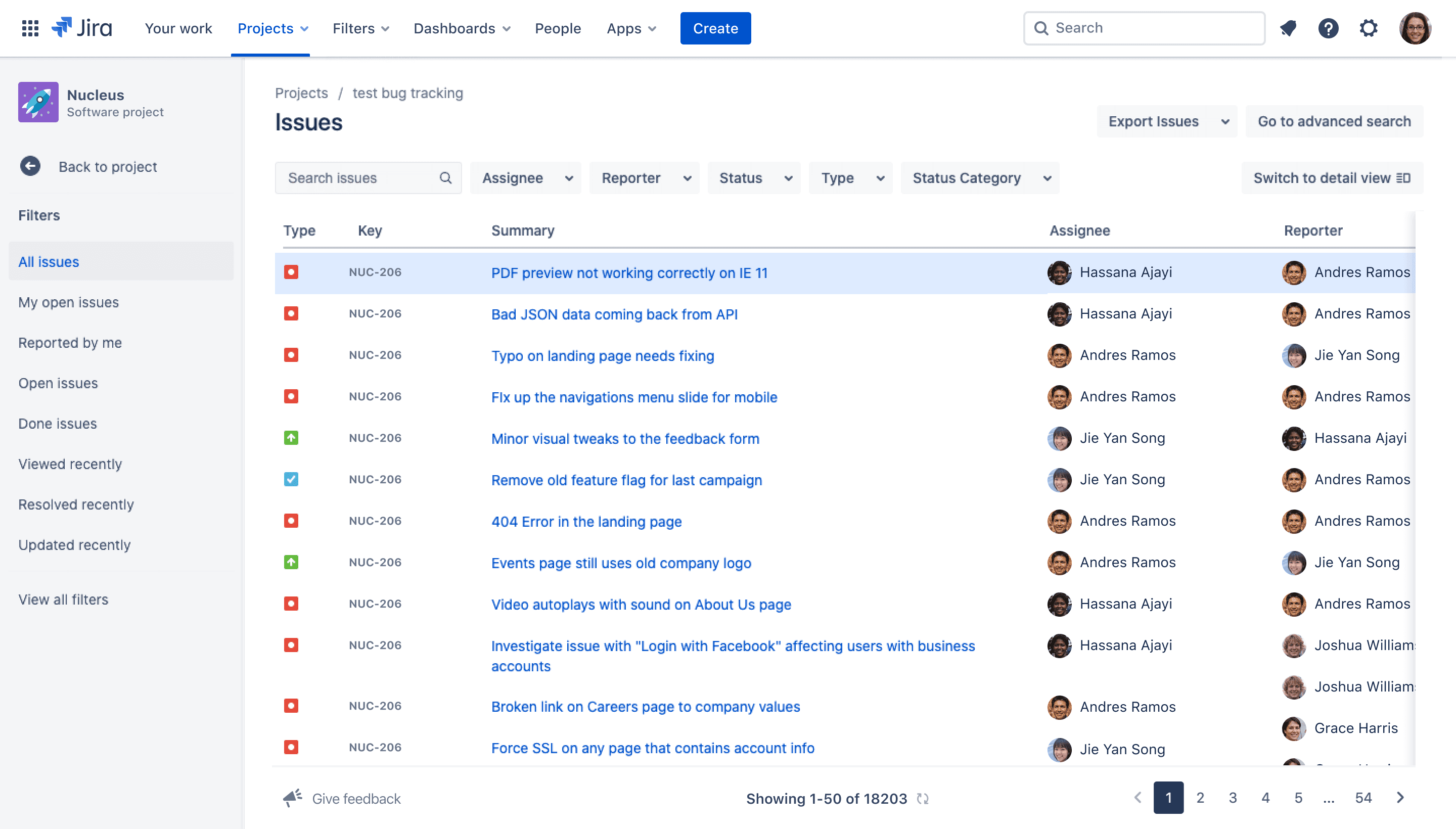 Jira's issue list for a bug-tracking project: a filter sidebar on the left, and a table of issues with type, key, summary, assignee, and reporter columns, plus search and dropdown filters above it.