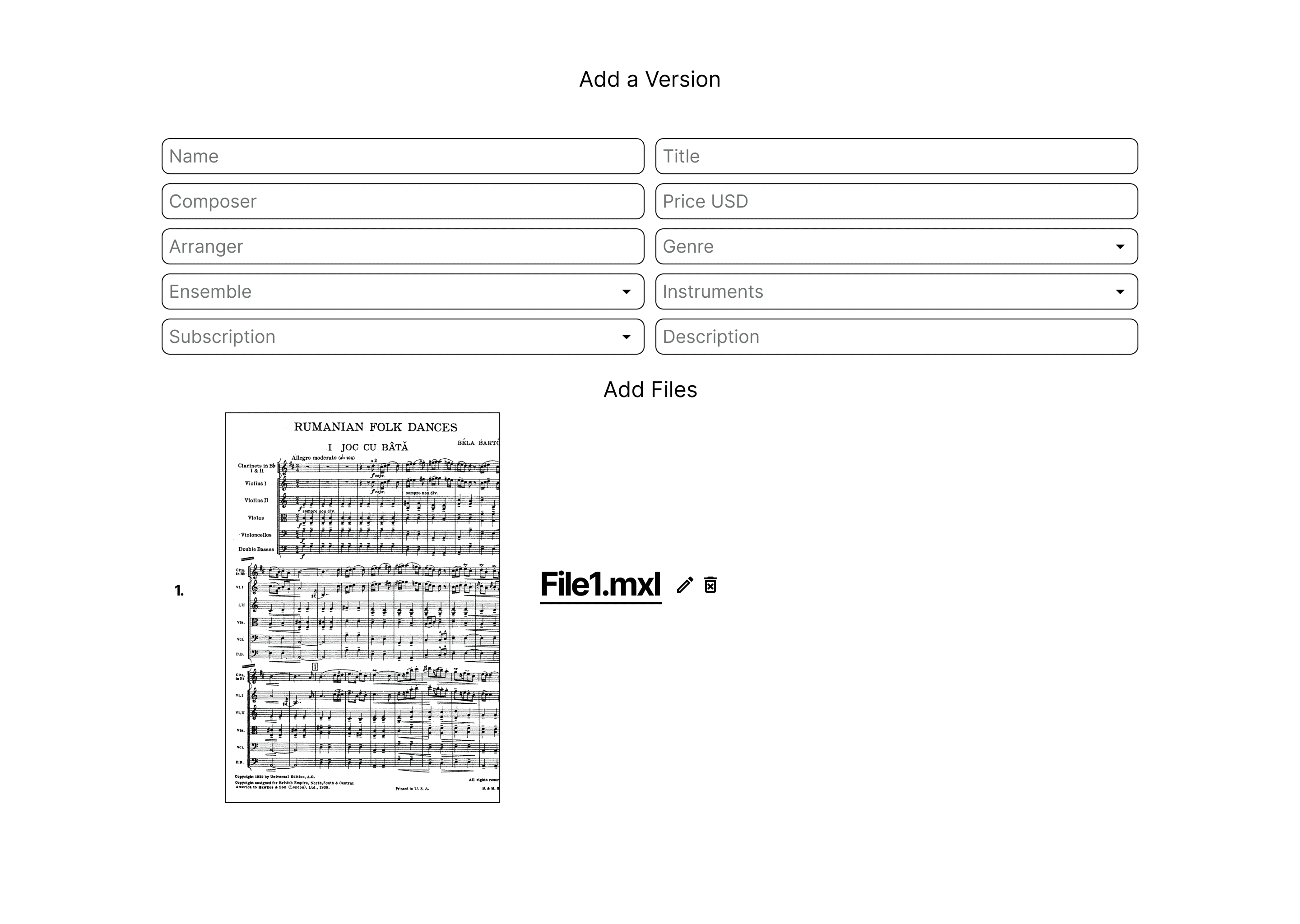 Add a Version form wireframe with fields for name, title, composer, price, arranger, genre, ensemble, instruments, subscription, and description, then an Add Files section showing a score thumbnail next to File1.mxl with edit and delete icons.