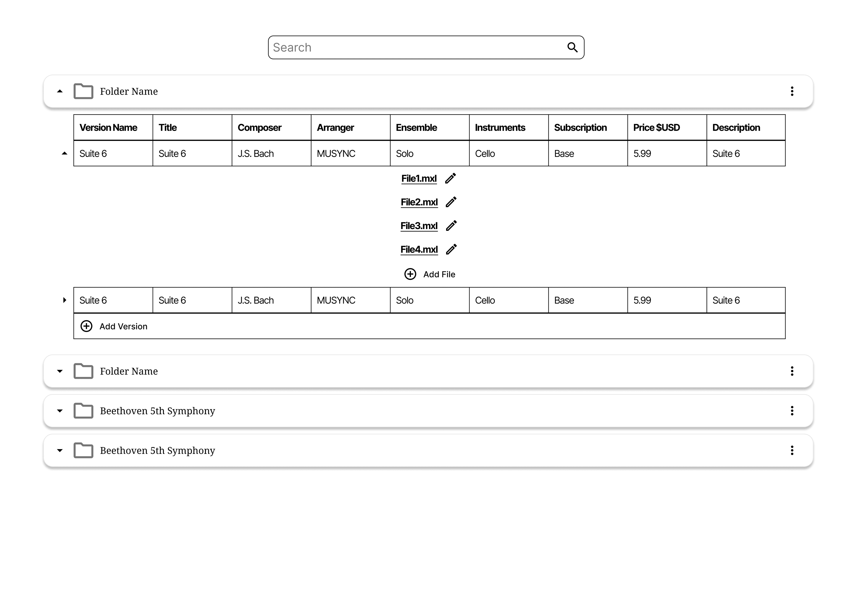 Wireframe of collapsible score folders under a search bar. One folder is open, showing a table of versions with version name, title, composer, arranger, ensemble, instruments, subscription, price, and description columns. One version is expanded to list four editable .mxl files, with Add File and Add Version buttons.