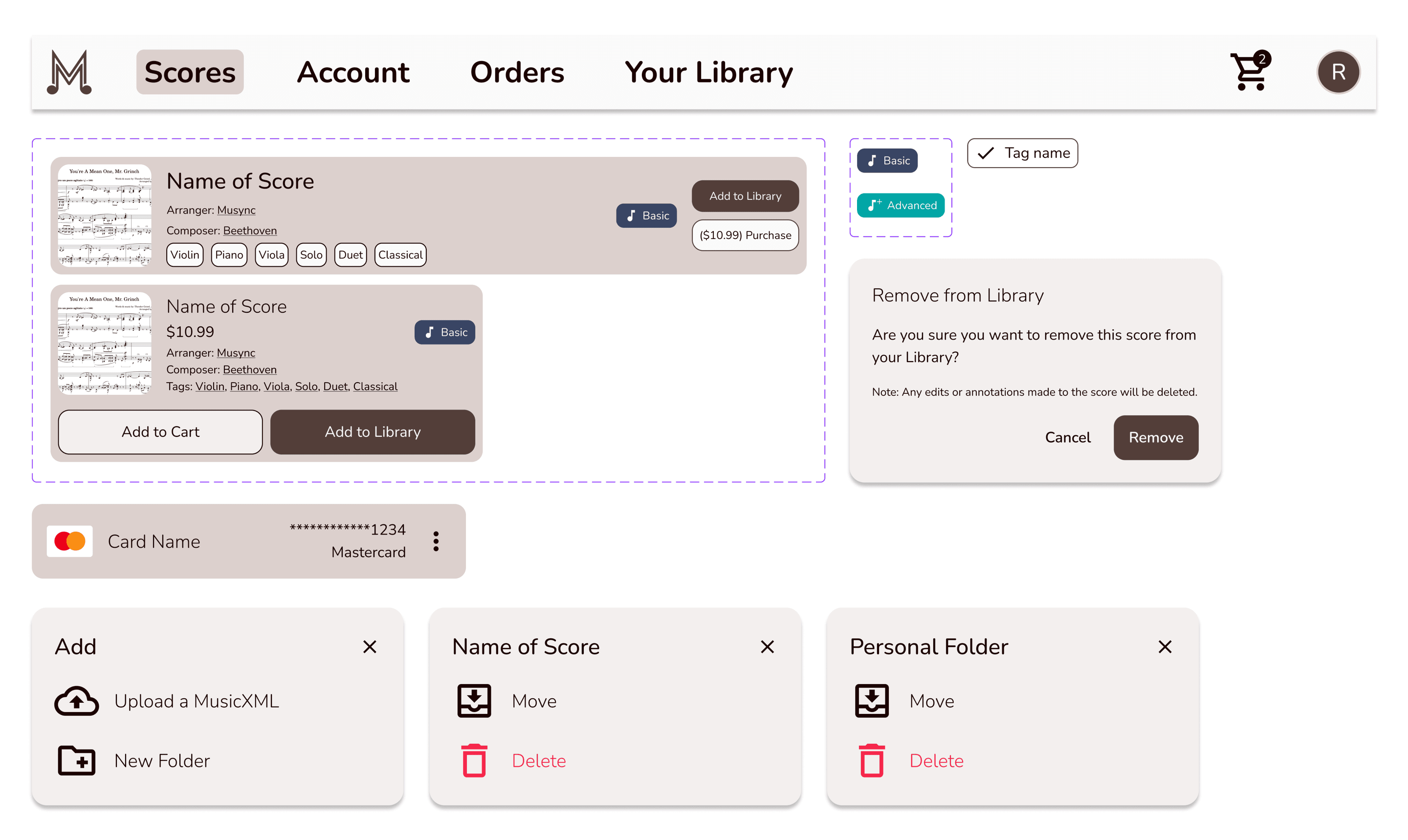 Musync Catalog UI components: the top navigation with Scores, Account, Orders, Your Library, a cart with an item count, and a profile avatar; score cards with a preview, arranger, composer, tags, a Basic subscription badge, and Add to Library, Purchase, and Add to Cart buttons; Basic and Advanced plan badges and a selected tag chip; a Remove from Library confirmation dialog; a saved Mastercard row; and Add, score, and folder menus with upload, new folder, move, and delete actions.