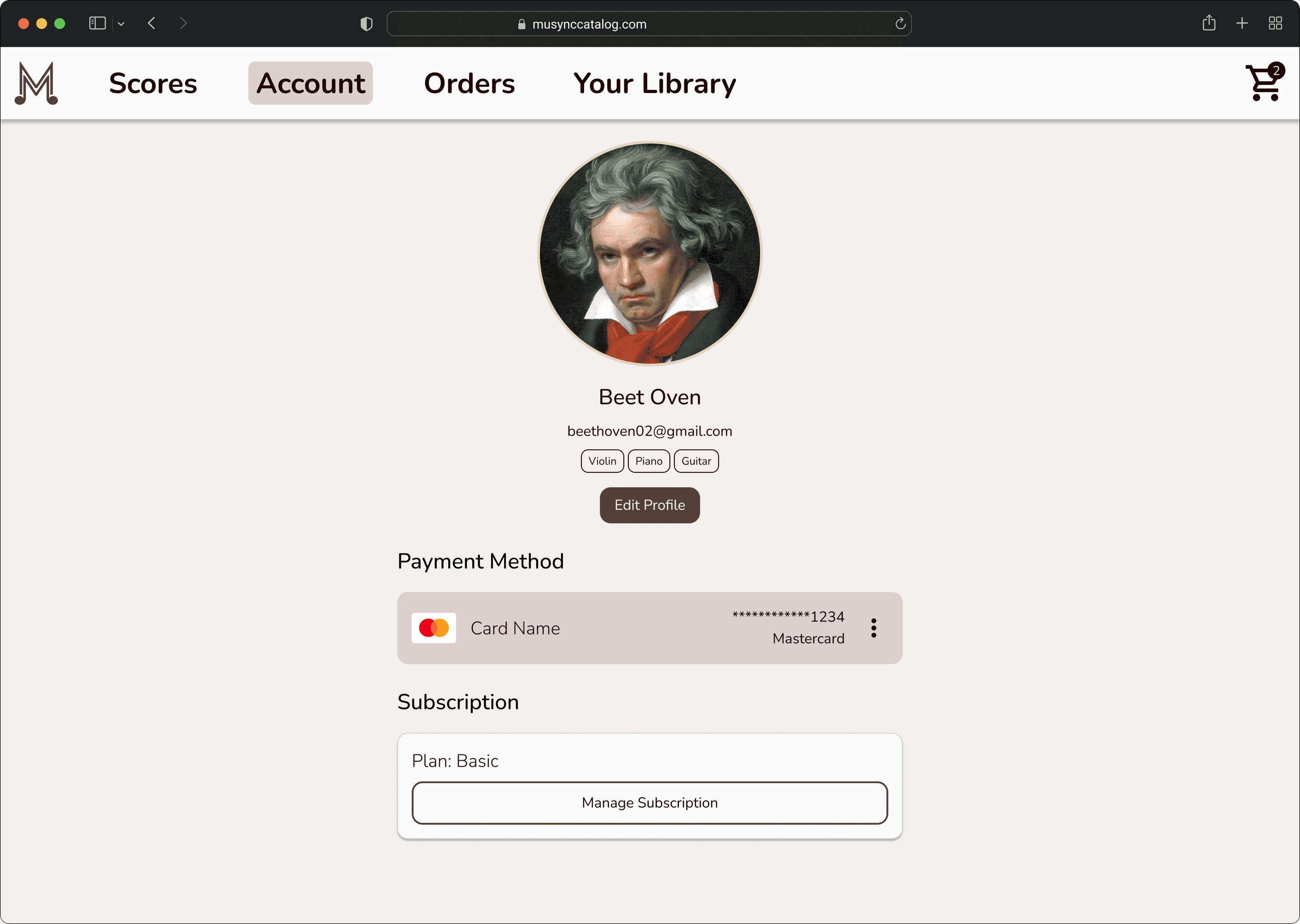 Account page with a profile photo, name, email, and instrument tags, an Edit Profile button, a saved Mastercard under Payment Method, and the Basic plan with a Manage Subscription button.