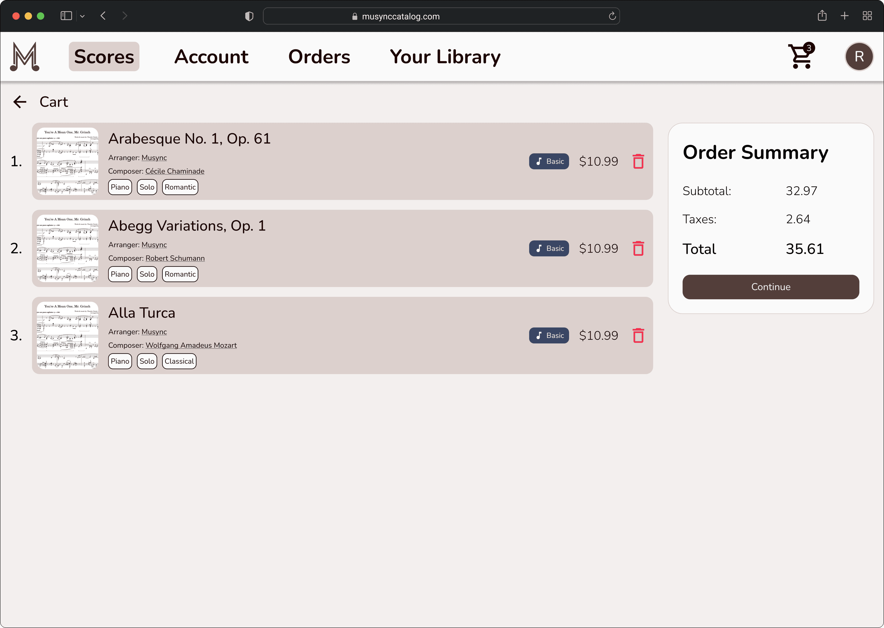 Cart page listing three scores, each with a Basic plan badge, price, and delete button, next to an order summary with subtotal, taxes, total, and a Continue button.