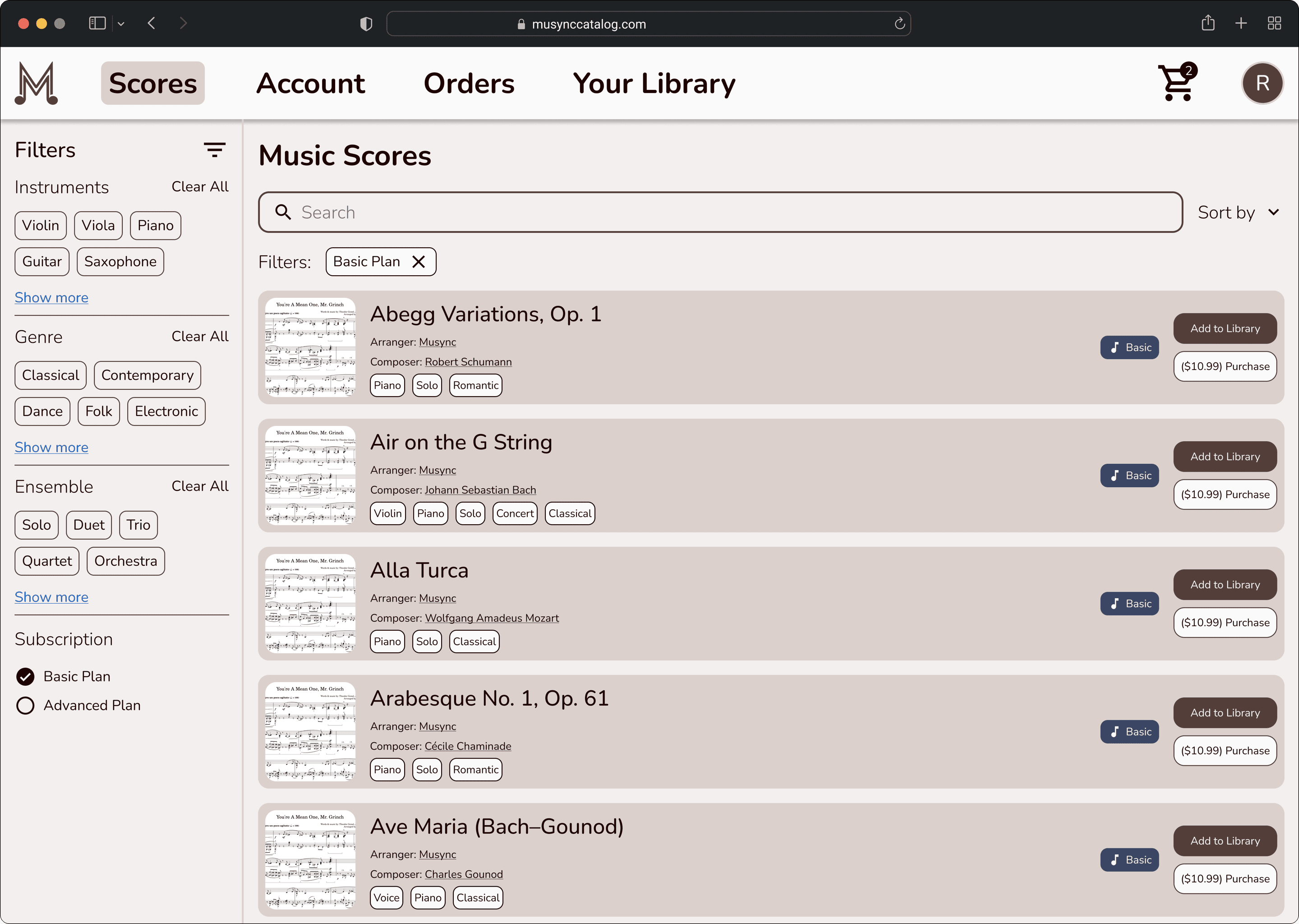 Music Scores page: a navigation bar with Scores, Account, Orders, Your Library, and a cart, a filter sidebar for instruments, genre, ensemble, and subscription plan, and a searchable list of scores, each with composer, tags, a Basic plan badge, and Add to Library and Purchase buttons.