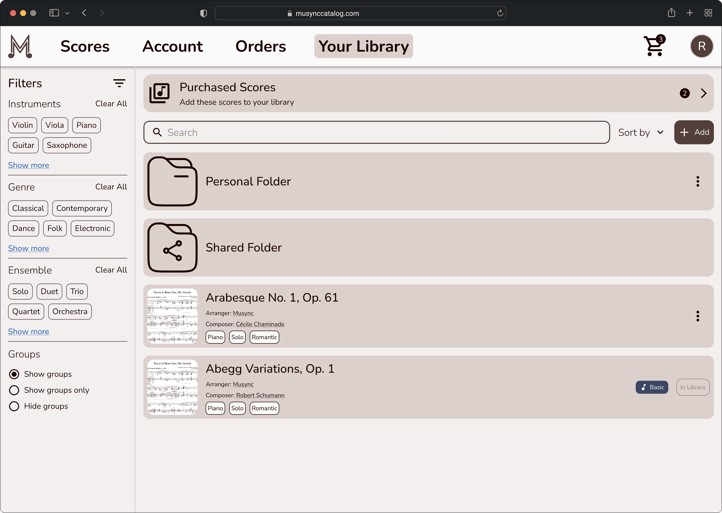 Your Library page: a Purchased Scores banner prompting you to add them to your library, a search bar with Sort by and Add buttons, personal and shared folders, and saved scores, with filters in the sidebar.