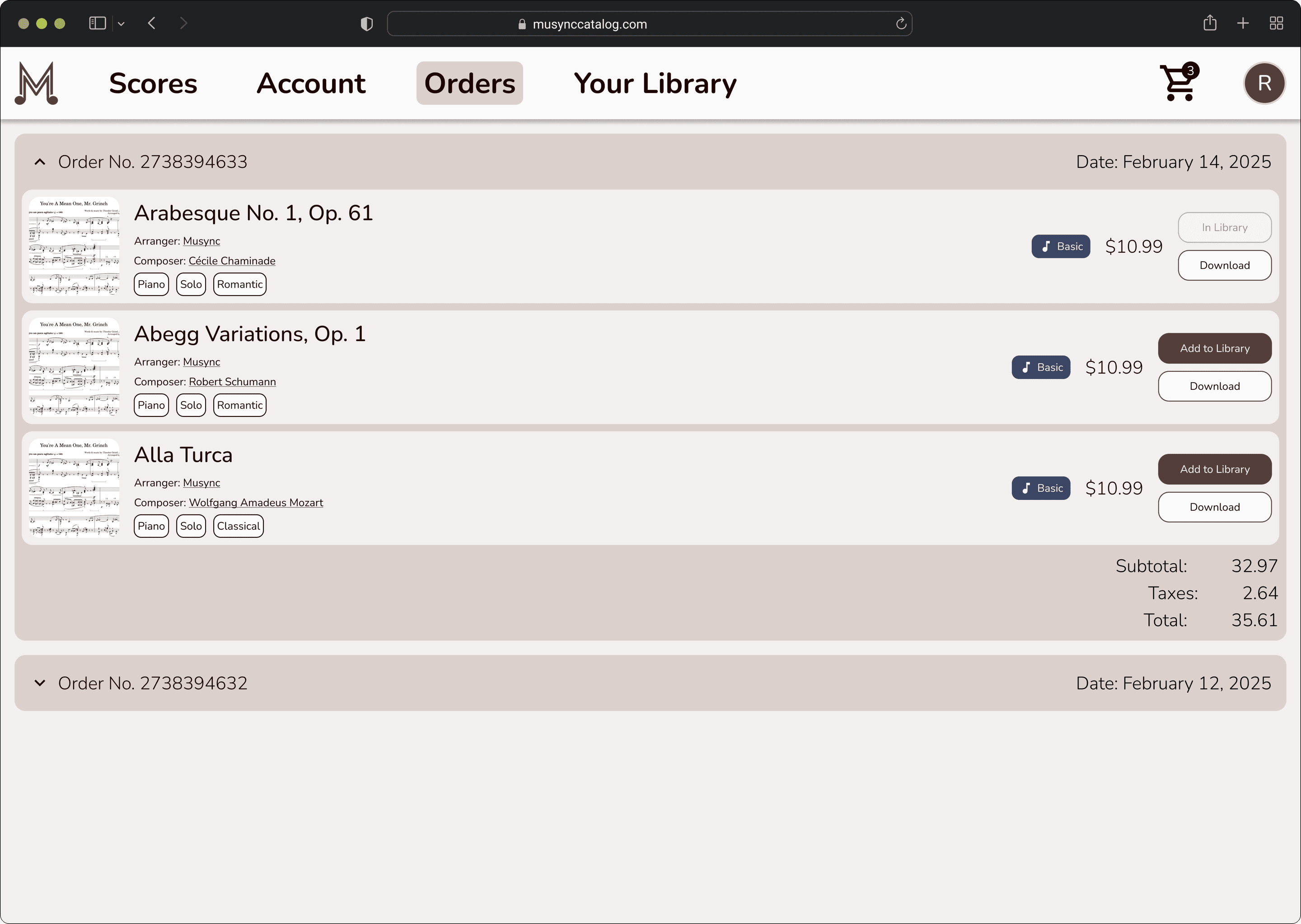 Orders page with an expanded order listing three purchased scores, each with a price and In Library or Add to Library and Download buttons, followed by the subtotal, taxes, and total, and a collapsed earlier order below.