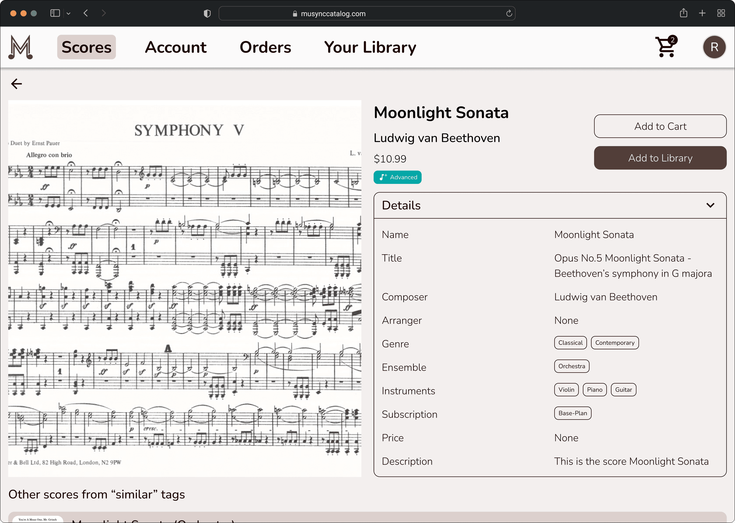 Score detail page for Moonlight Sonata: a large sheet music preview beside the title, composer, price, an Advanced plan badge, Add to Cart and Add to Library buttons, and a details panel listing genre, ensemble, instruments, subscription, and description.