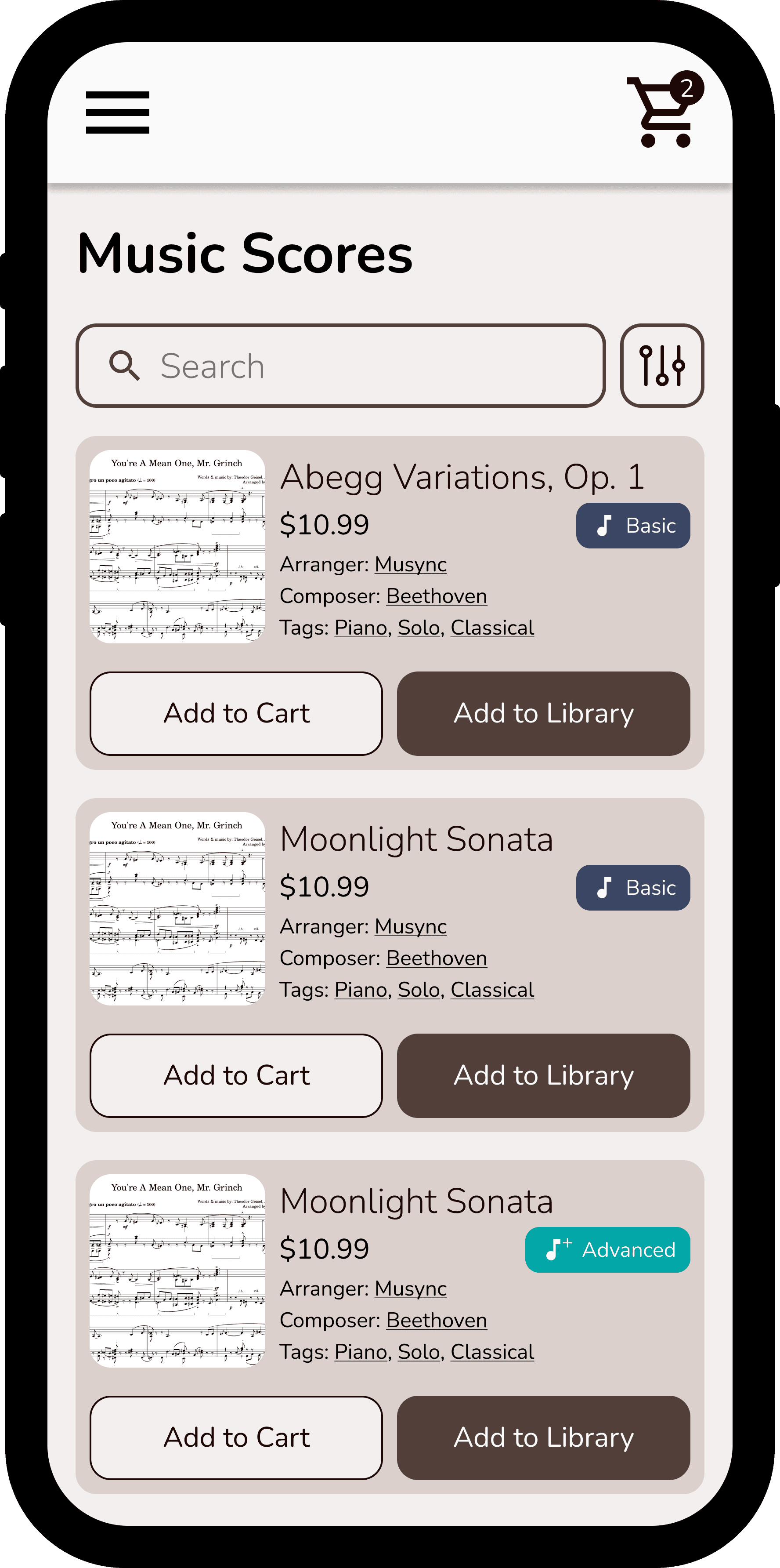 Musync Catalog on a phone, showing the mobile Music Scores page with search, a filter button, and score cards with Add to Cart and Add to Library buttons.