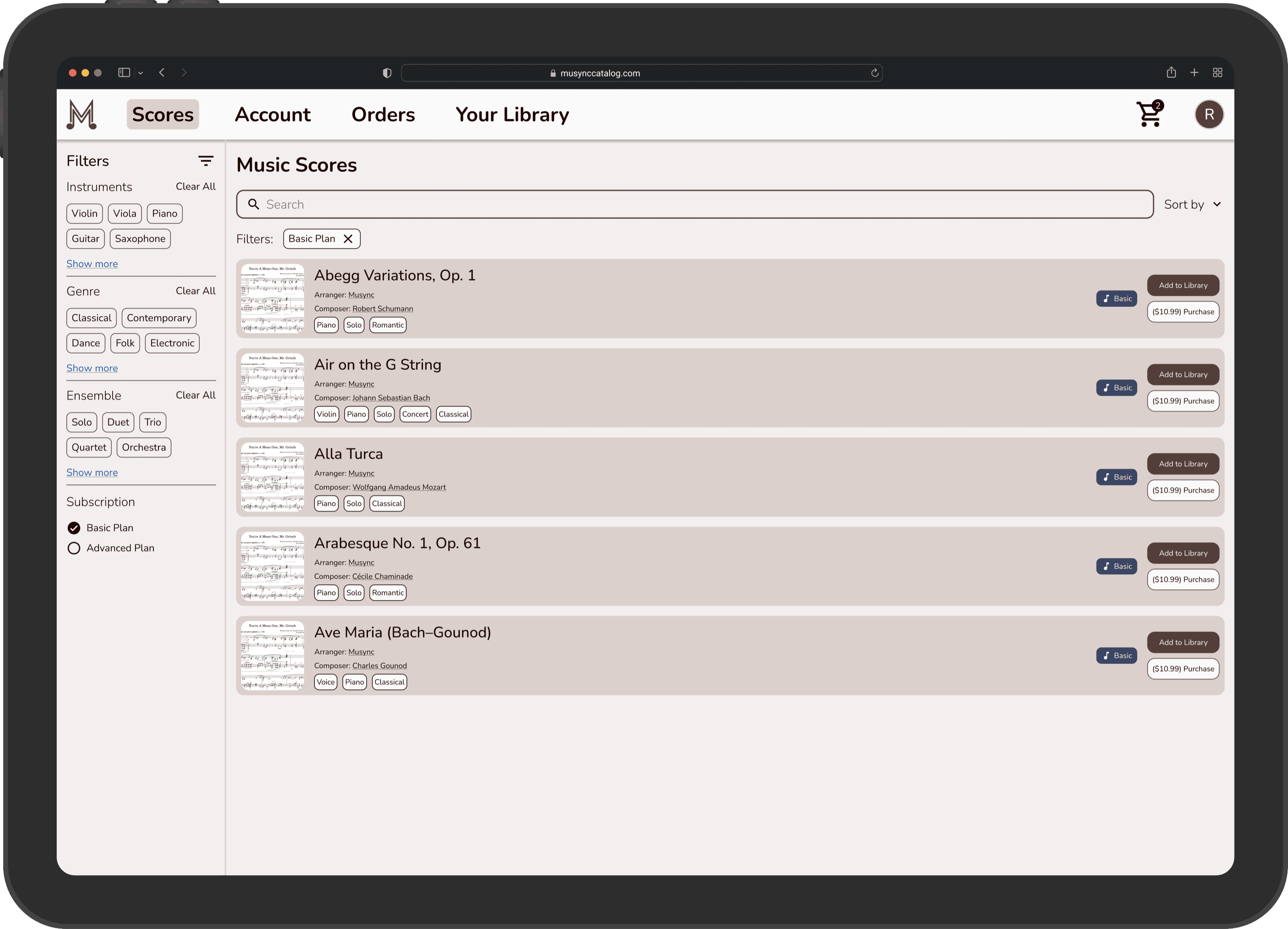 Musync Catalog on a tablet, showing the Music Scores page with a filter sidebar and a list of scores, each with Add to Library and Purchase buttons.