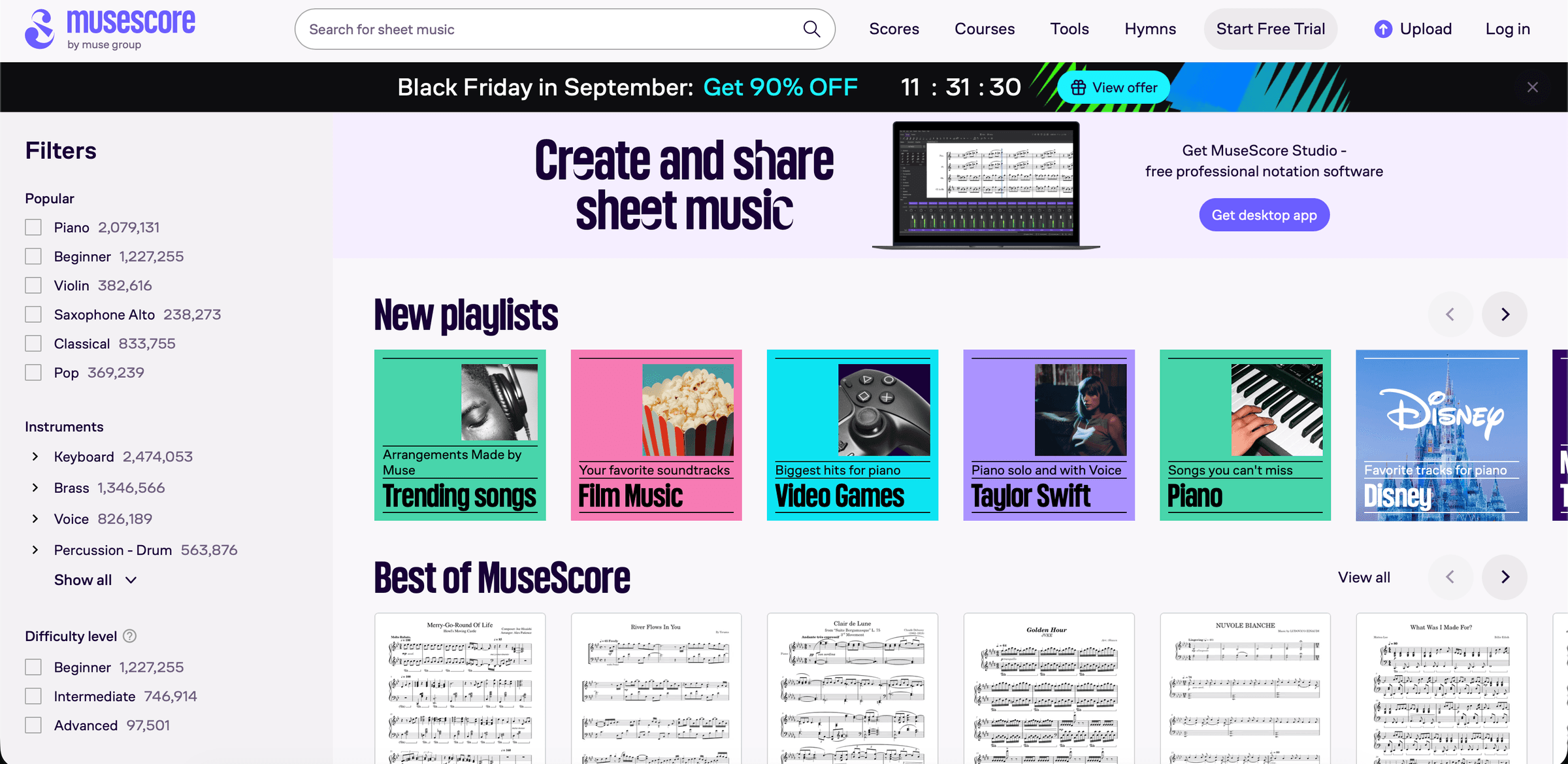 MuseScore's sheet music browse page: a search bar and navigation across the top, a sidebar with filters for popular tags, instruments, and difficulty level, a banner for MuseScore Studio, a row of New playlists such as Trending songs, Film Music, and Video Games, and a Best of MuseScore row of sheet music thumbnails.
