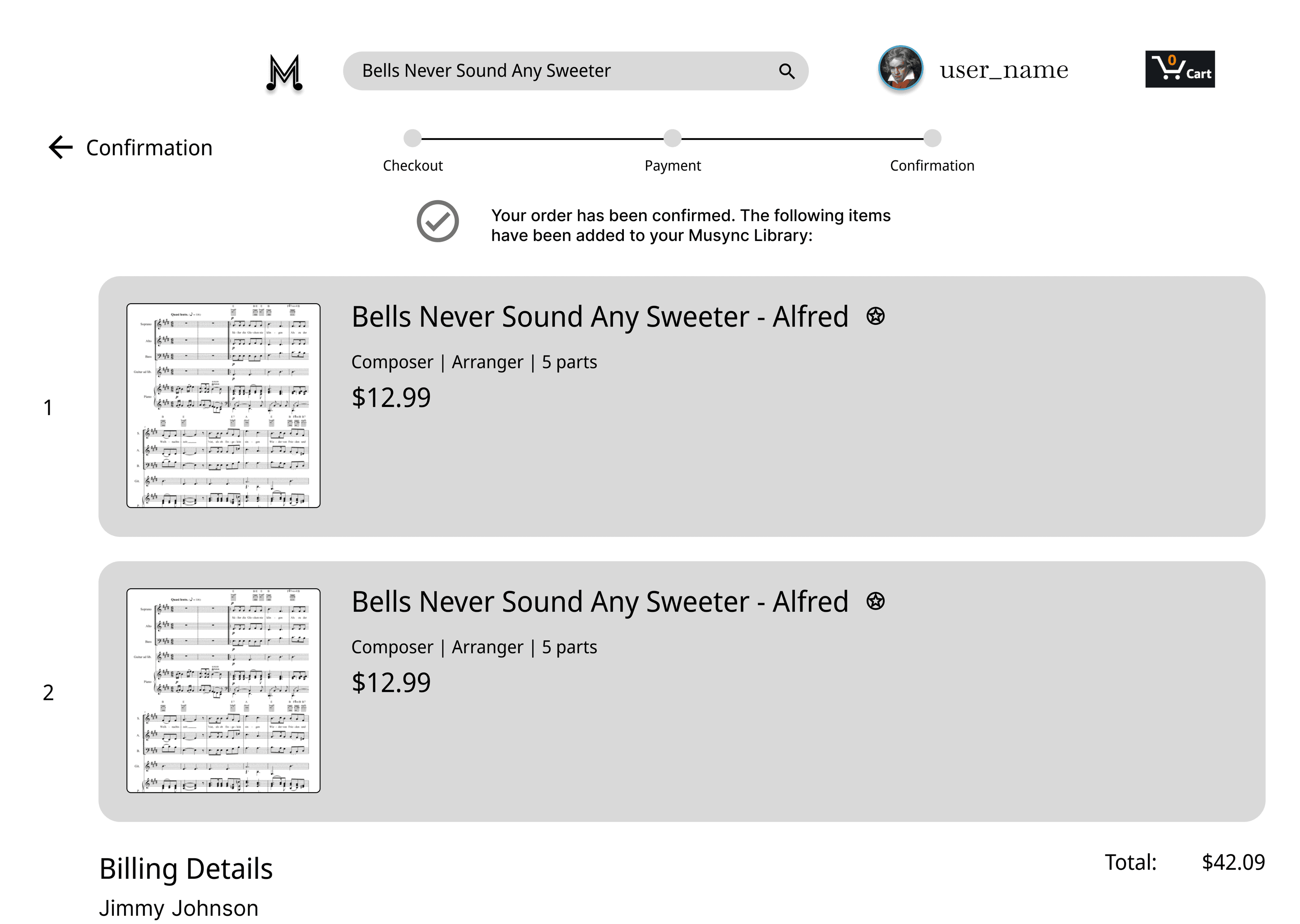 Confirmation wireframe: the completed progress bar, a message that the order is confirmed and the items were added to the Musync Library, the two purchased scores with prices, billing details, and the order total.