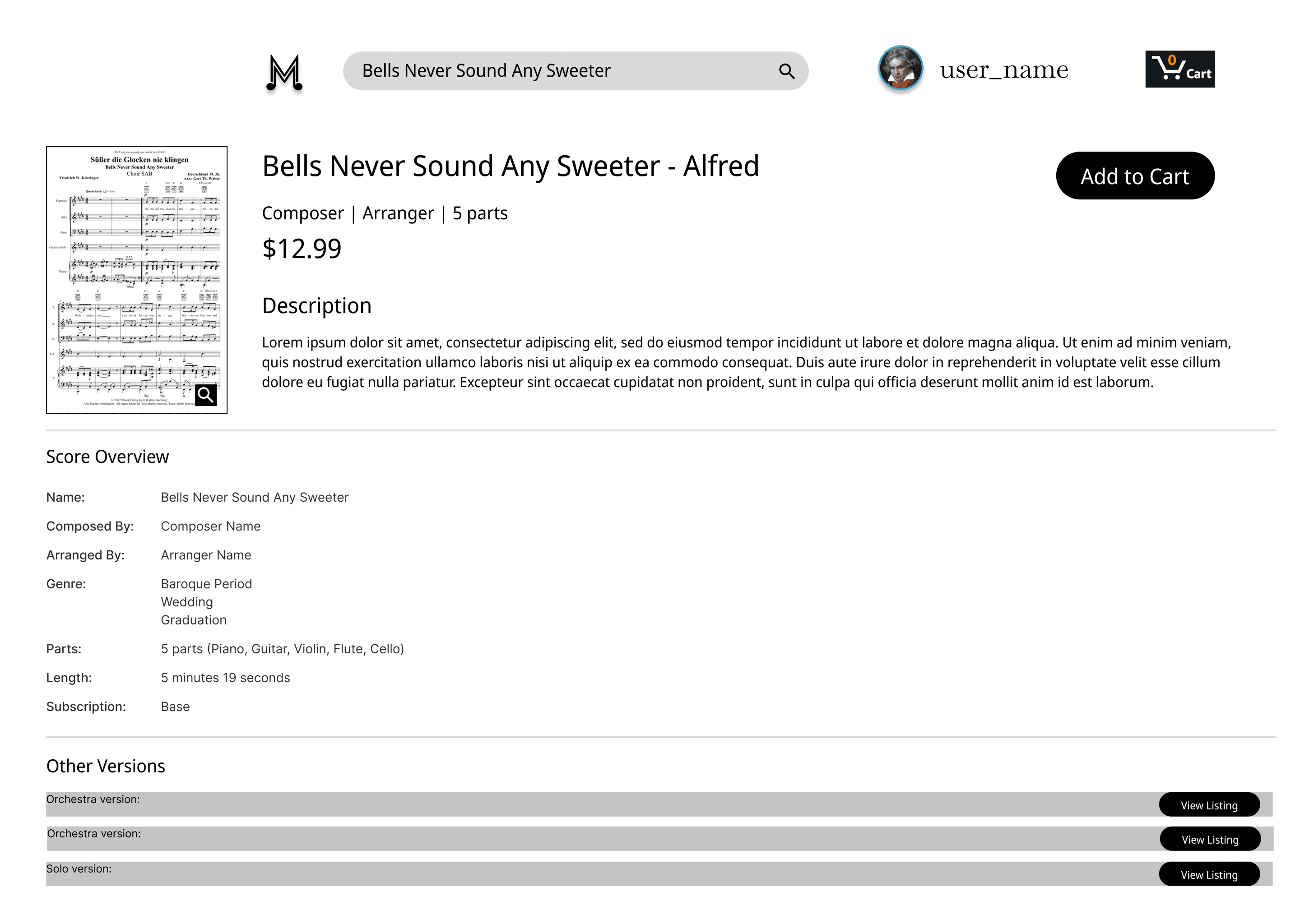 Score detail wireframe: a sheet music preview beside the title, composer, arranger, parts, price, description, and an Add to Cart button, followed by a score overview table and a list of other versions to view.