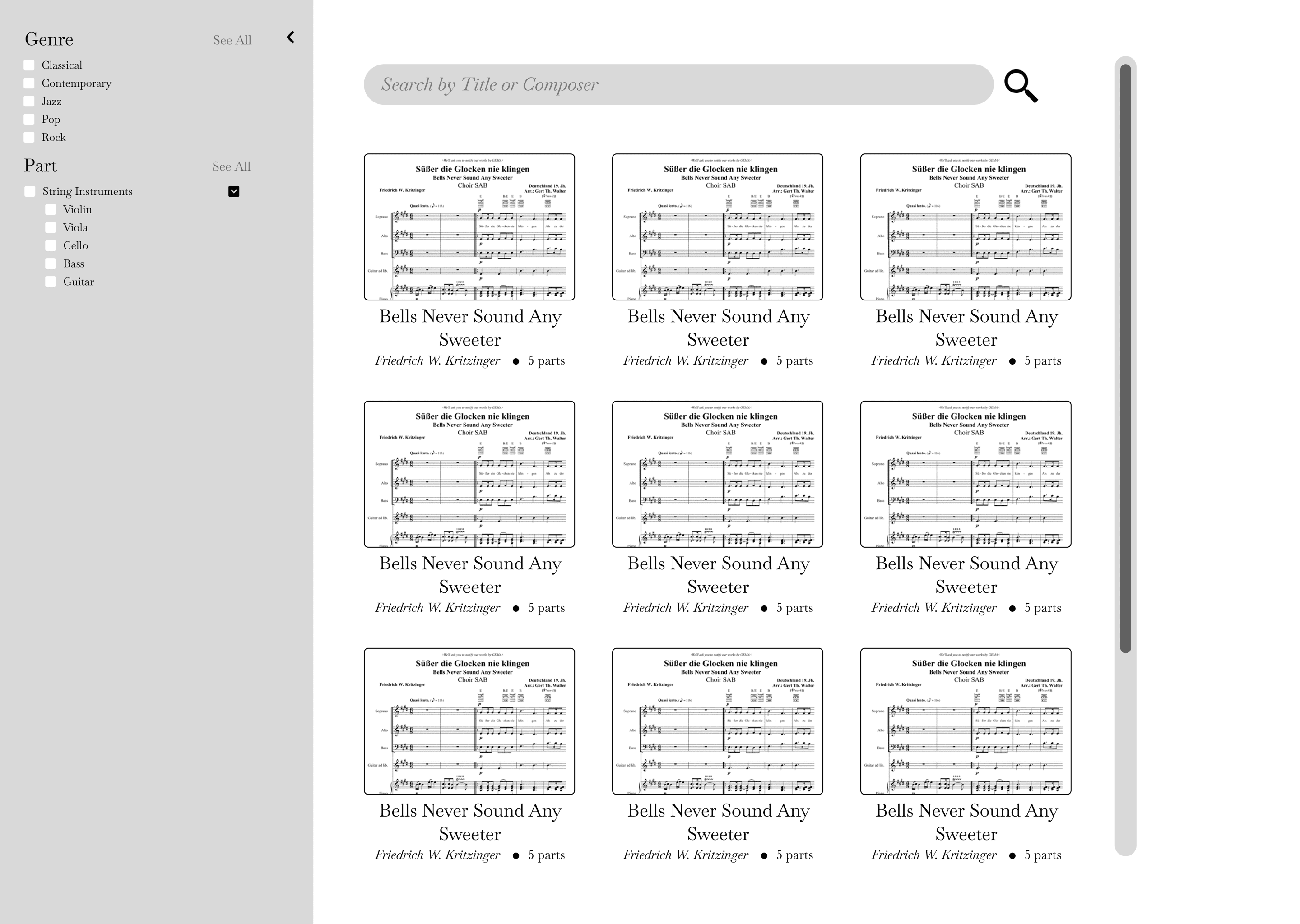 Store wireframe: a sidebar with genre and part filters, including string instruments like violin, viola, and cello, next to a search bar and a grid of sheet music listings, each showing a title, composer, and number of parts.