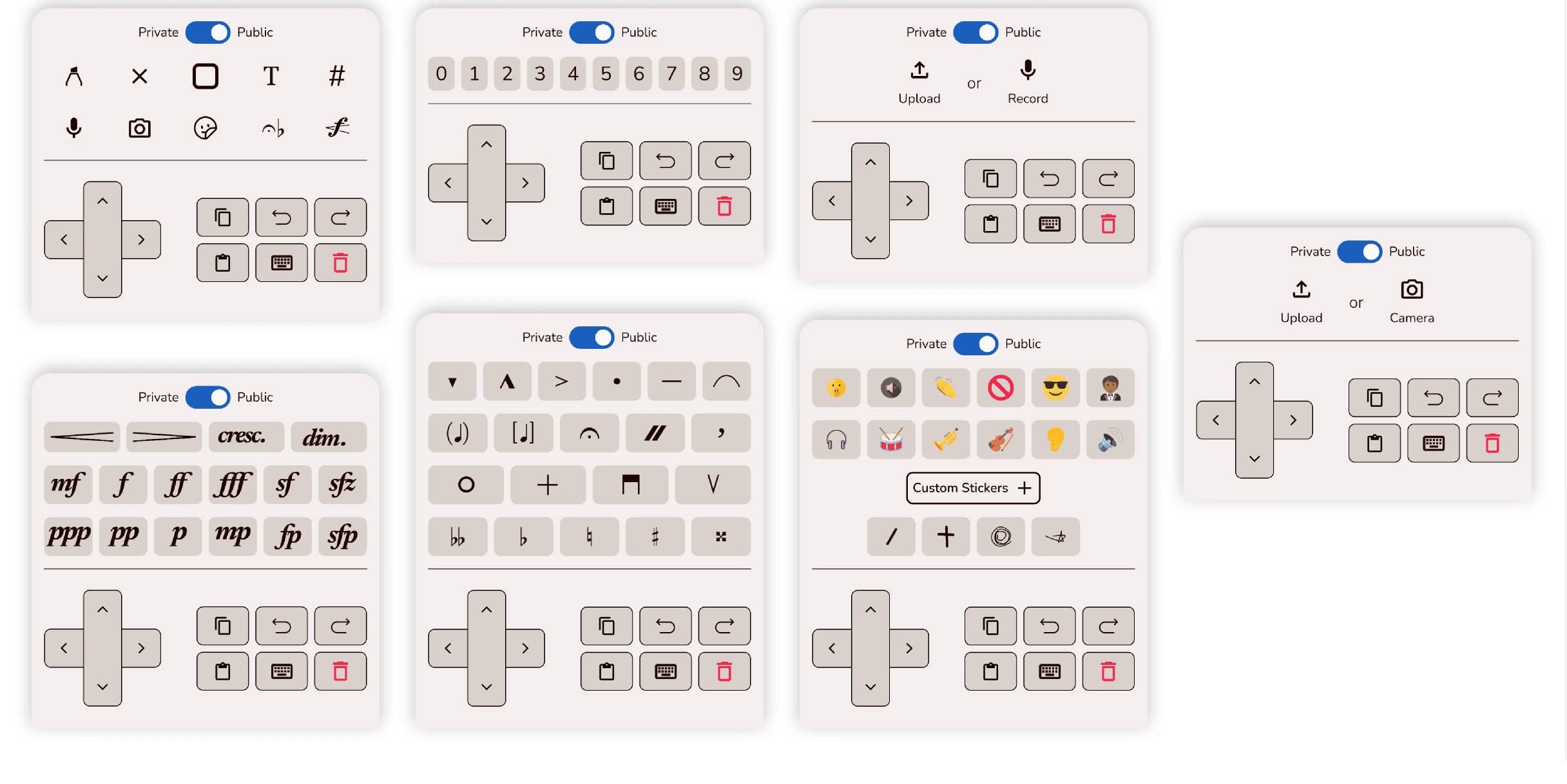 Annotator menu panels, each with a private/public toggle, a D-pad, and copy, paste, undo, redo, keyboard, and delete keys: a main tool panel, a number pad, audio upload or record, image upload or camera, dynamics, articulations and accidentals, and emoji stickers with a Custom Stickers button.