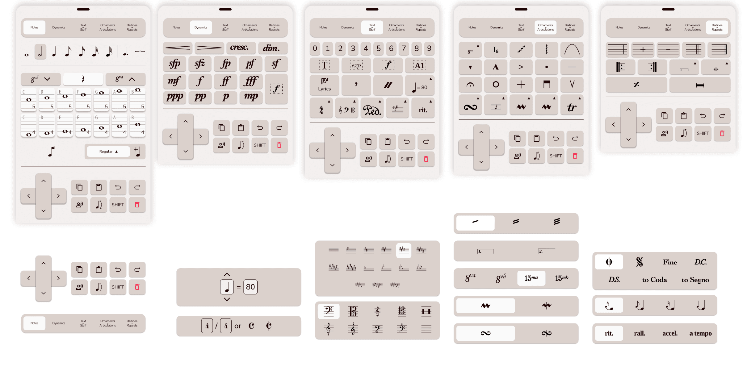 Editing keyboard panels with tabs for Notes, Dynamics, Text/Staff, Ornaments/Articulations, and Barlines/Repeats, each sharing the D-pad and edit keys, plus sub-menus for tempo, time signature, clefs, tremolos, octave lines, trills, repeats and codas, and tempo changes.
