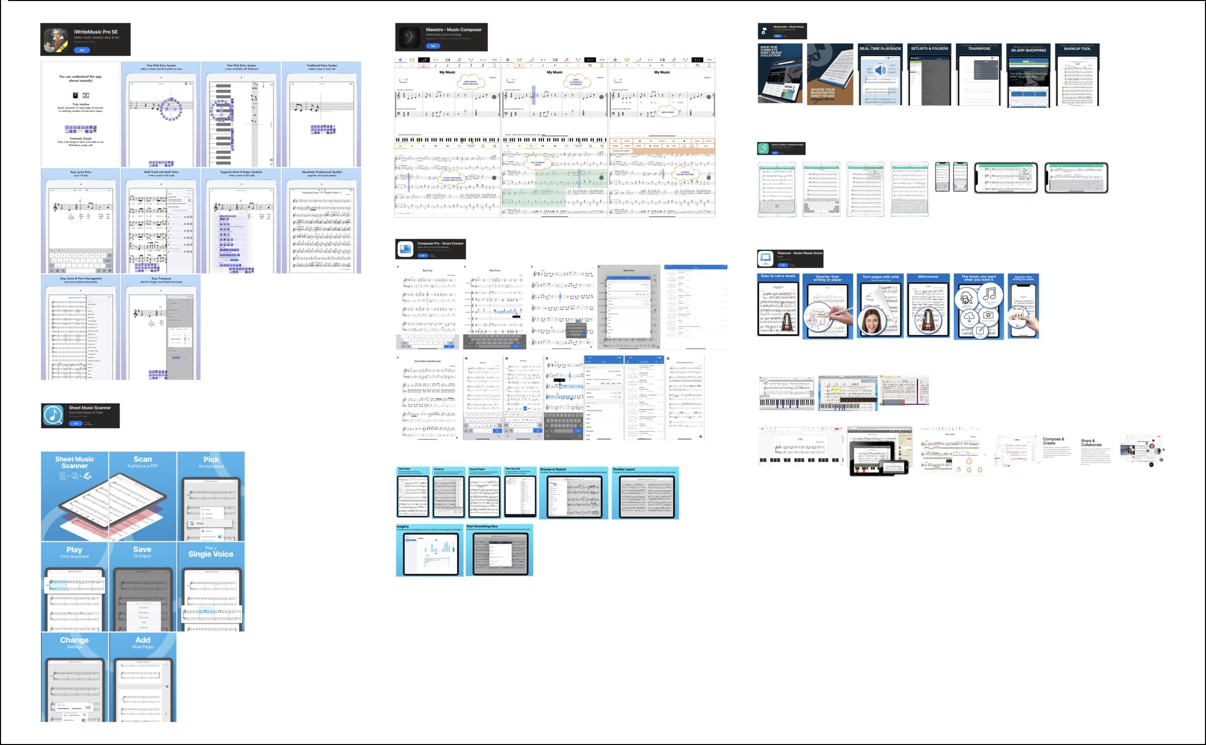Competitive audit collage of Sibelius, Flat.io, MuseScore, and Tomplay