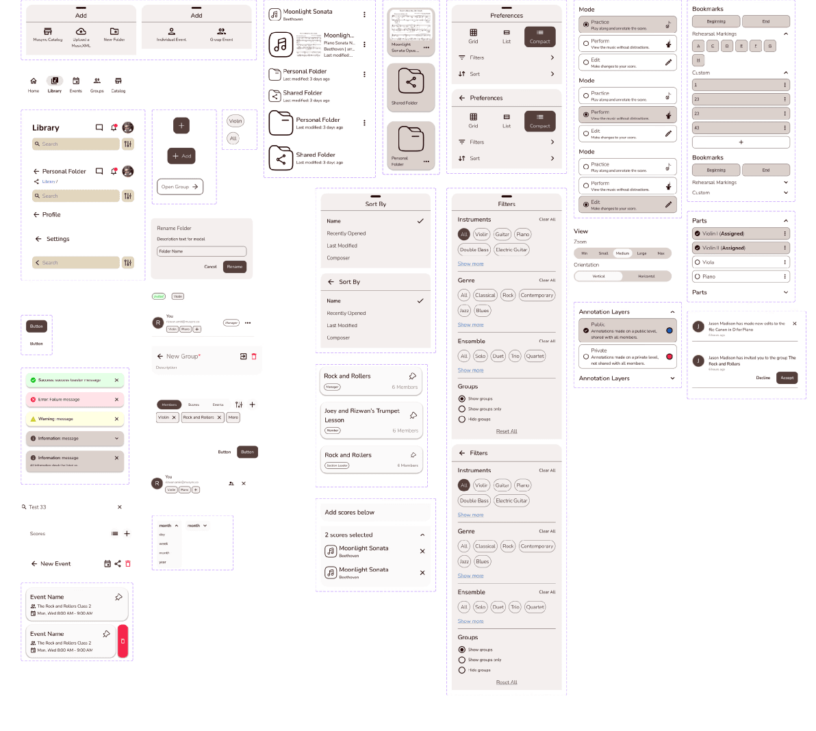 Responsive UI component library: add menus, bottom navigation, library and folder headers with search, buttons and chips, rename dialog, alert banners, score and folder list and grid items, group and event cards, member rows, sort and filter sheets, view preferences, practice/perform/edit mode selectors, zoom and orientation controls, bookmarks and rehearsal markings, part assignment, annotation layers, and notifications.