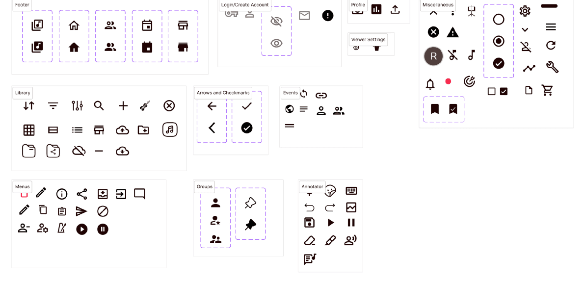 Musync icon set grouped by footer navigation, login and account, profile, viewer settings, library, arrows and checkmarks, events, menus, groups, annotator, and miscellaneous, with filled and outlined states for navigation and selection icons.