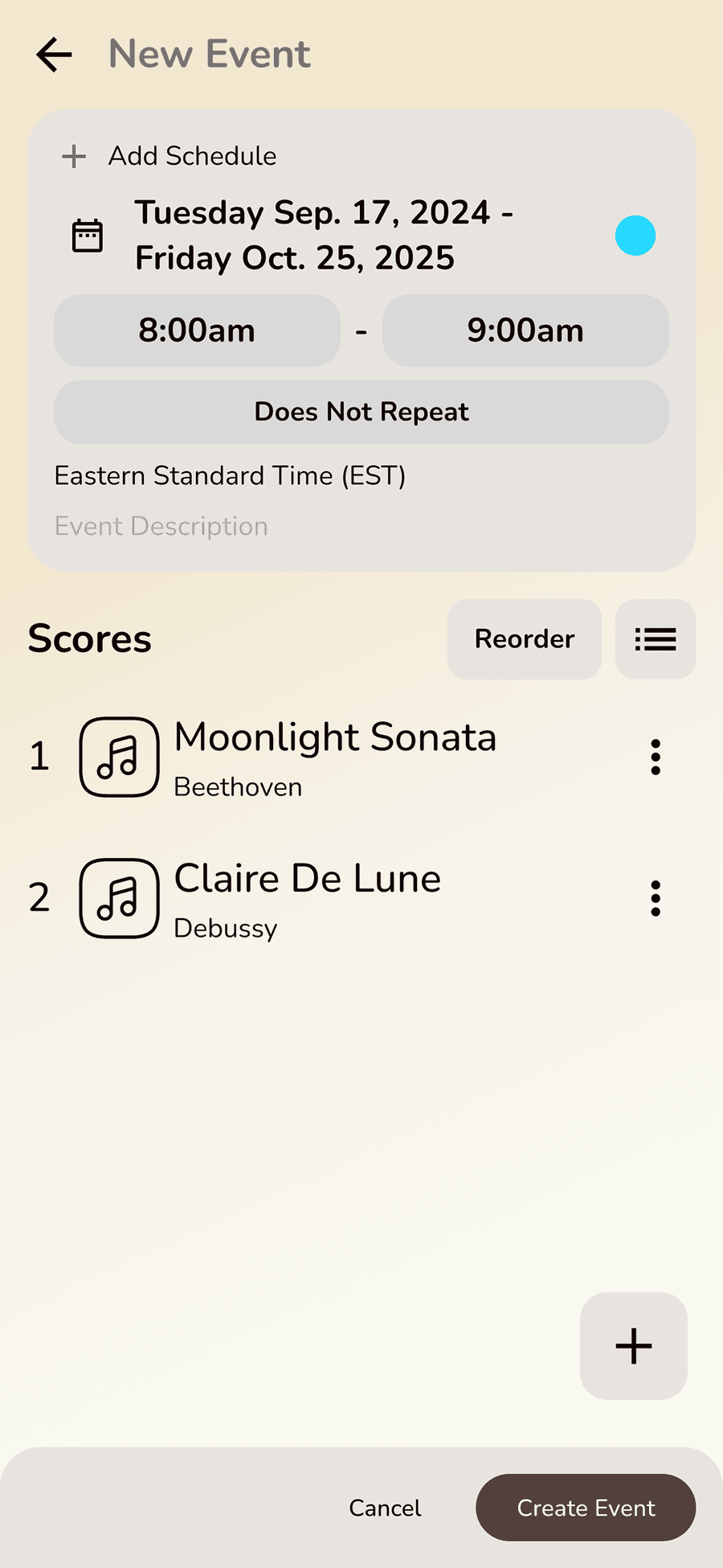 Cleaned-up New Event screen: scheduling collapsed into a single card with date range, time, repeat, and time zone, above a numbered list of scores with reorder controls.