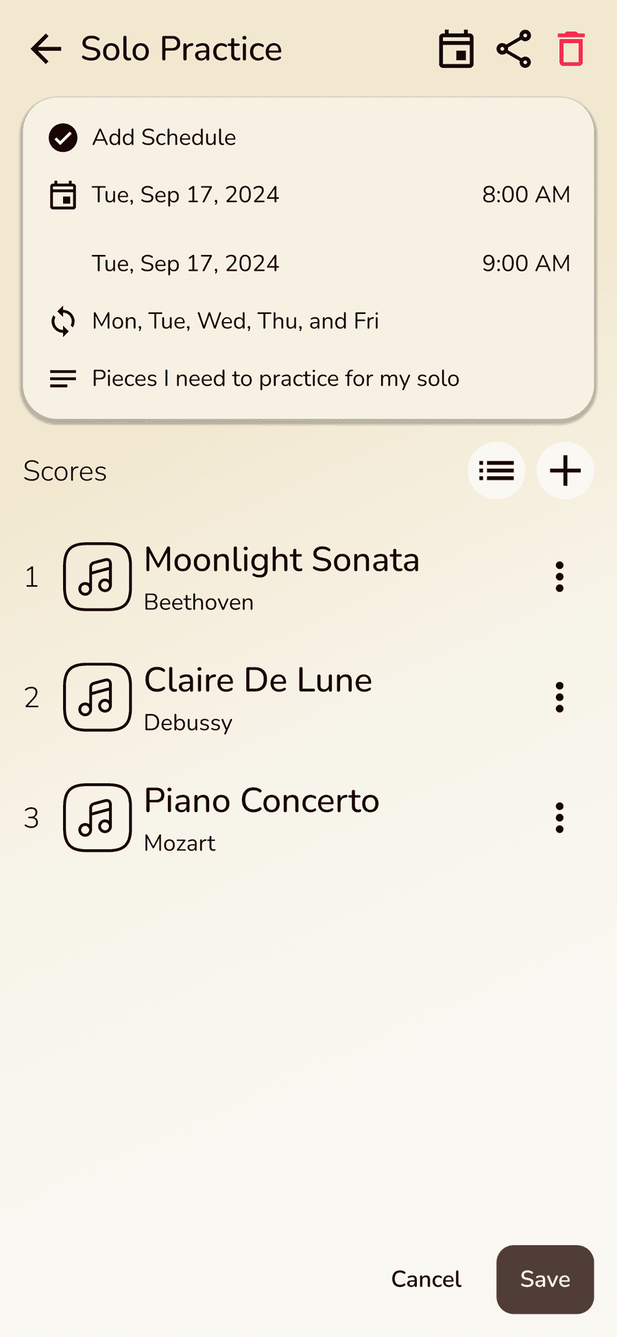Final Solo Practice event screen: a compact summary card with schedule, repeat days, and description, followed by a numbered list of three scores and Cancel and Save buttons.