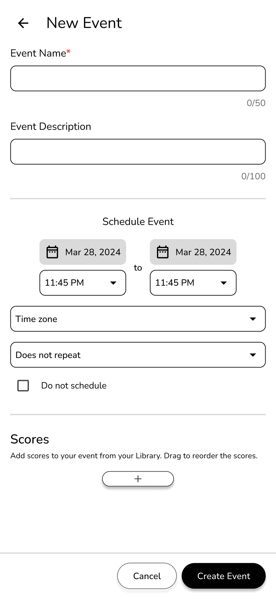 First-pass New Event screen: a long form with required event name, description, start and end dates and times, time zone, repeat and do-not-schedule options, and an empty scores section with an add button.