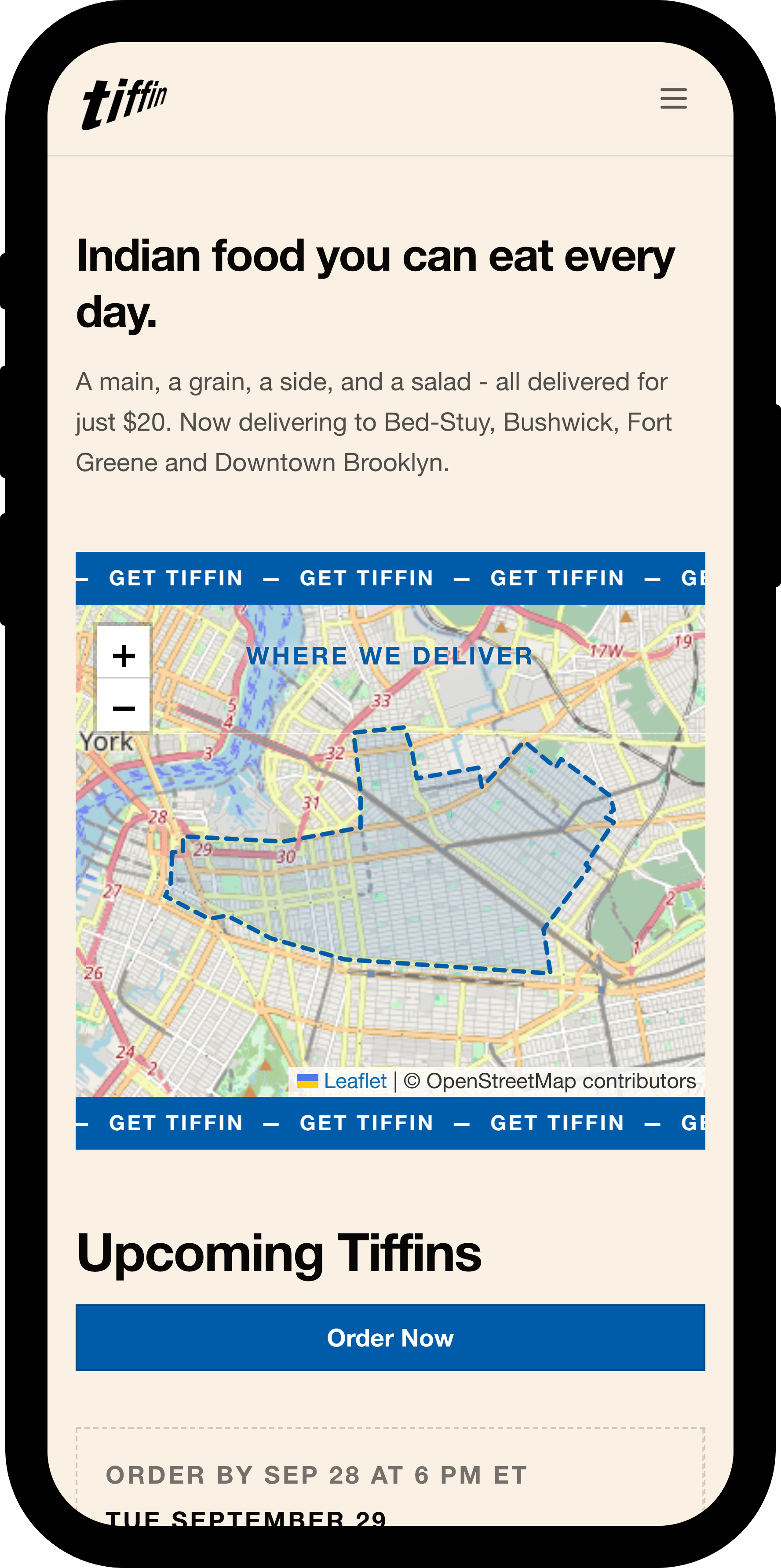 Tiffin on a phone, showing the mobile home page with the headline, delivery-area map, and an Order Now button.