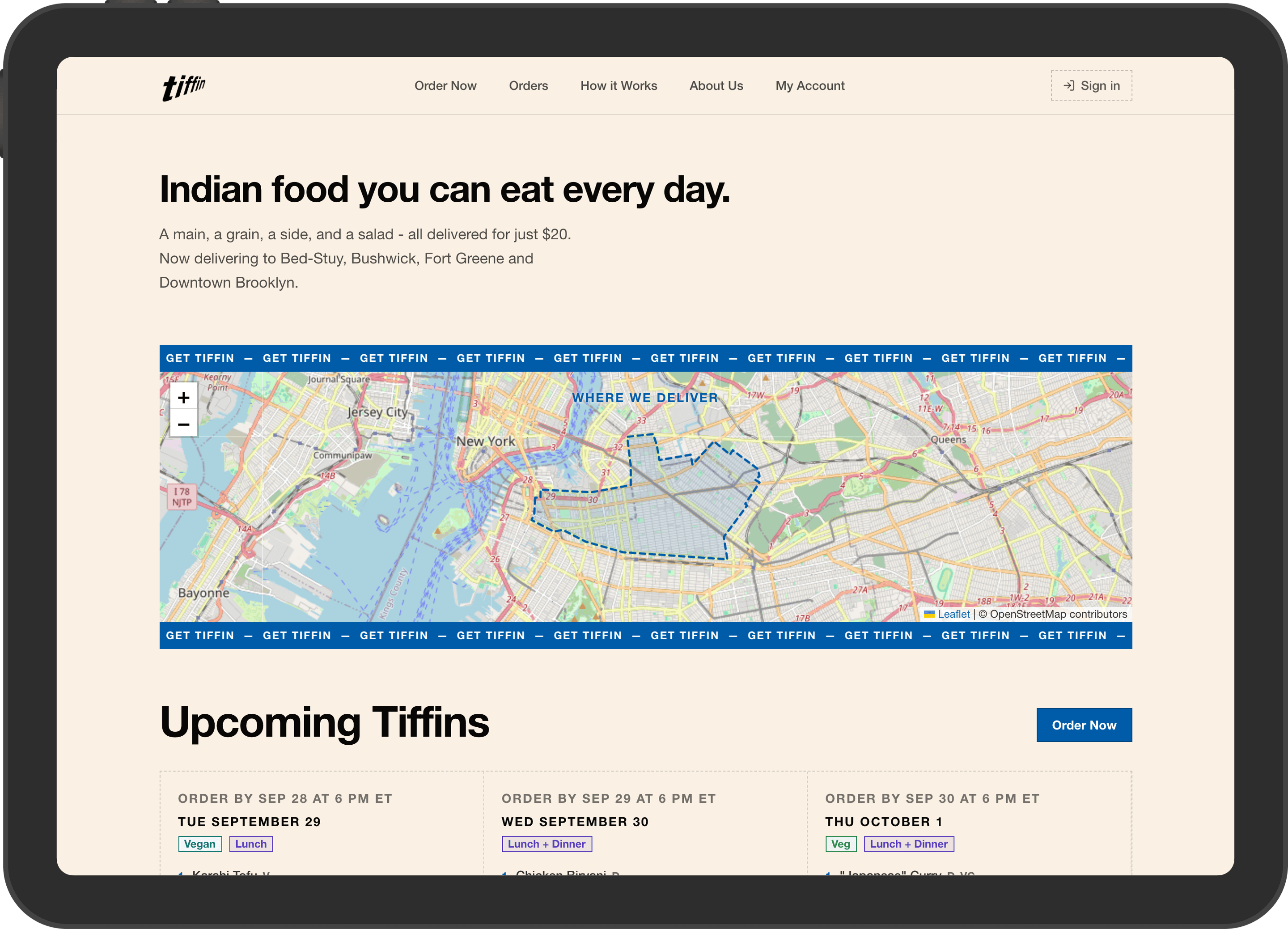 Tiffin on a tablet, showing the tiffin.nyc home page: the headline “Indian food you can eat every day.”, a map of the Brooklyn delivery area, and the upcoming tiffins.